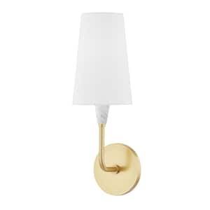 Janice 1-Light Aged Brass Wall Sconce with White Belgian Linen Shade