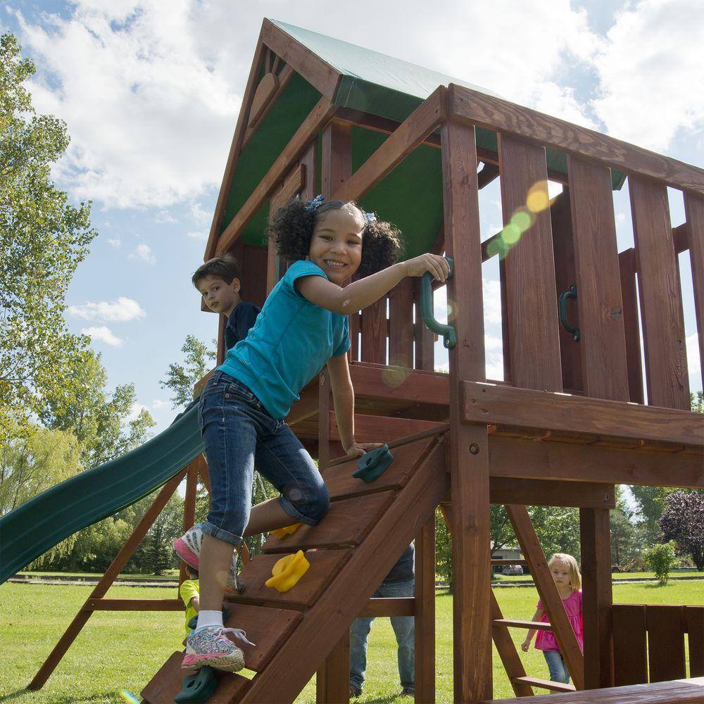 Knightsbridge Wooden Swing Set with Slide and Climbing Wall