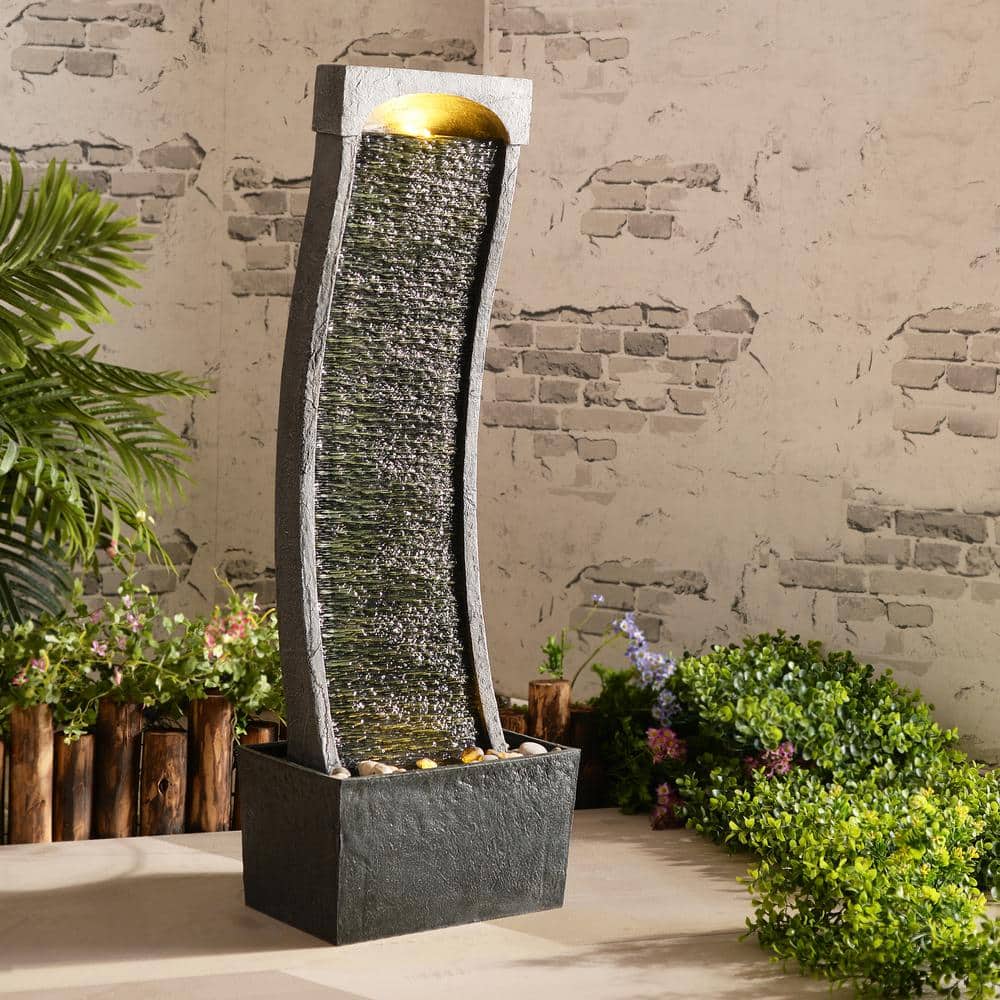 Modern Curved Black and Gray Slate Waterfall Fountain with LED Lights