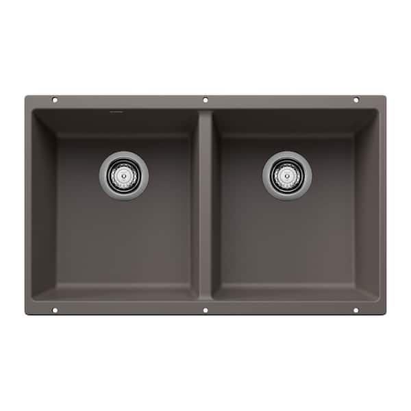 Precis Silgranit Volcano Gray Granite Composite 29.75 in. Double Bowl 50/50 Undermount Kitchen Sink