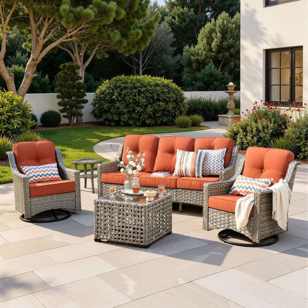 Cherry 5-Piece Wicker Outdoor Patio Conversation Sectional Sofa Set with Swivel Chairs, Tables and Brick Red Cushions price history on PriceWatchPro