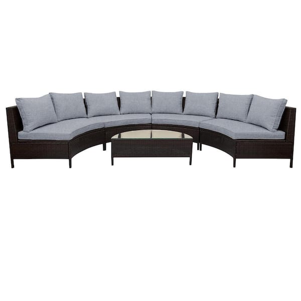 Brown 5-Piece Wicker Outdoor Patio Sectional Set Half-Moon Sofa Set with Gray Cushions and Tempered Glass Table