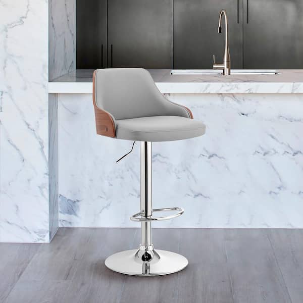 Armen Living Asher 24-33 in. Adjustable Height High Back Grey Faux Leather and Chrome Finish Bar Stool
