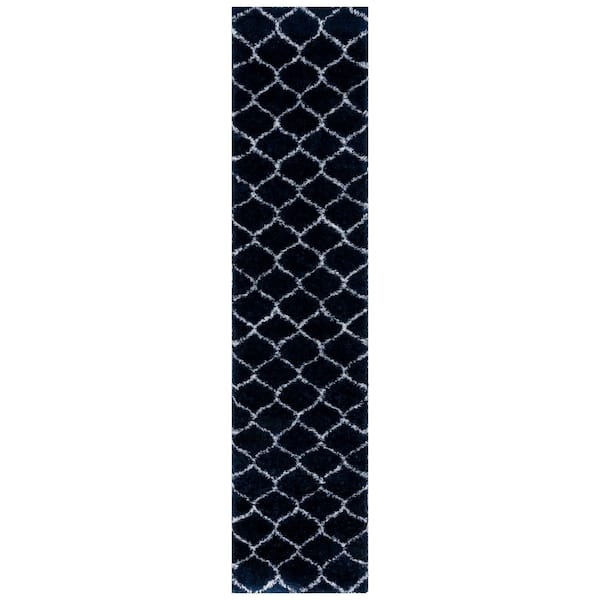 Tahoe Shag 2 ft. x 9 ft. Navy/White Trellis Modern Runner Rug