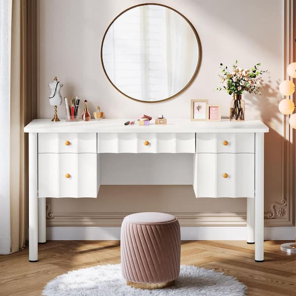 Helotes 1-Piece White Makeup Vanity Table with 5 Drawers for Women Girls