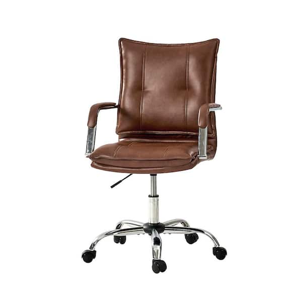 Dud Brown Modern Faux leather Swivel Task Chair with Padded Arms and Tufted Back