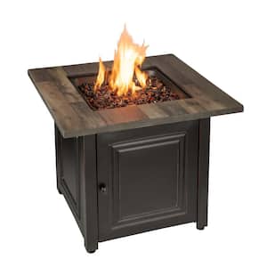 30 in. W x 25.4 in. H Square Steel Frame and Wood Grain Print Resin Mantel LP Gas Fire Pit with Integrated Ignition