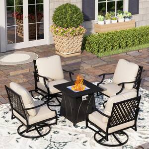 Black Metal 4 Seat 5-Piece Steel Outdoor Patio Conversation Set with Beige Cushions,Swivel Chairs,Square Fire Pit Table