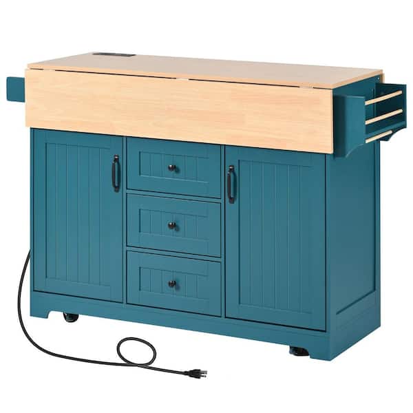 Blue Green Kitchen Cart with 2-Drop-Leaf, USB Charging Station, Spice and Towel Rack, 3-Drawers