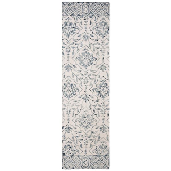 Dip Dye Blue/Ivory 2 ft. x 12 ft. Border Floral Medallion Runner Rug
