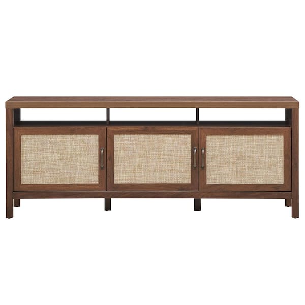 Welwick Designs 58 in. W Walnut Solid Wood TV Stand with Cutout Cabinet  Handles (Max tv size 65 in.) HD8851 - The Home Depot