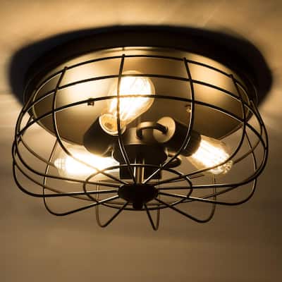 15 in. Industrial 3-Light Oil Rubbed Bronze Metal Cage Flush Mount