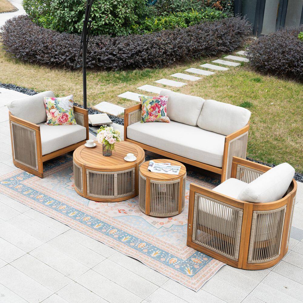 5-Piece Solid Wood Outdoor Patio Conversation Set with Beige Olefin Cushions, Round Storage Coffee Table and Side Table price history on PriceWatchPro