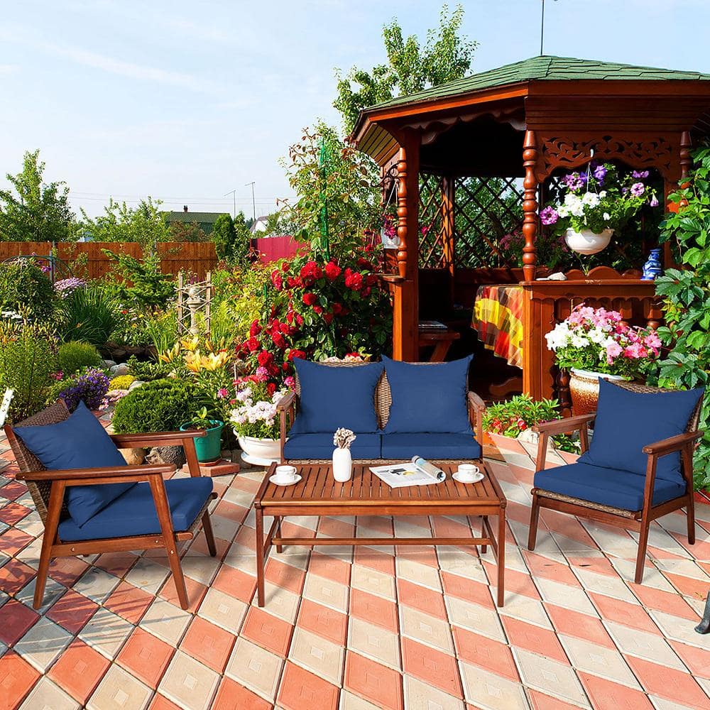 Navy Acacia Wood and Rattan 4-Piece Outdoor Patio Set