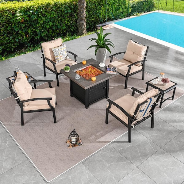 Patio Festival 7-Piece Metal Patio Conversation Set with Beige Cushions