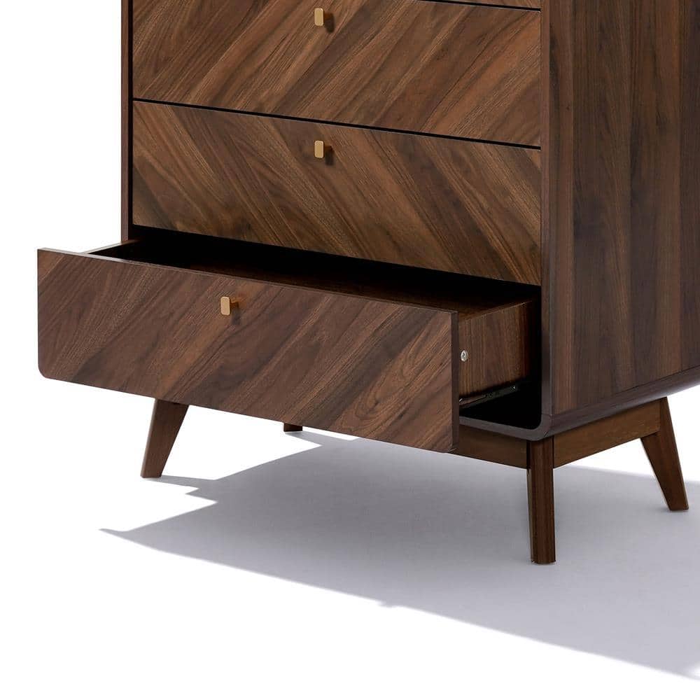 Walnut Brown Mid-century Modern 47.5-Inch Tall 5-Drawer Chest