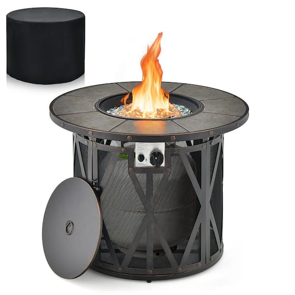 Gymax 32 in. Patio Round Fire Pit Table 30,000 BTU Propane Gas Firepit w/Fire Glasses