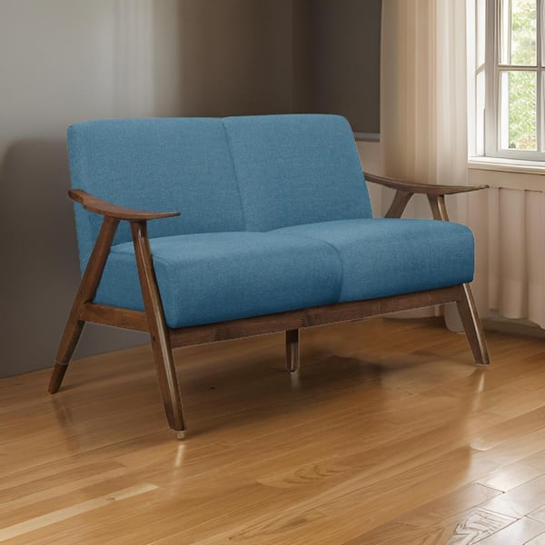 Benjara 32 in. Blue and Brown Polyester 2-Seater Loveseat with Brown Rubberwood Angled Frame