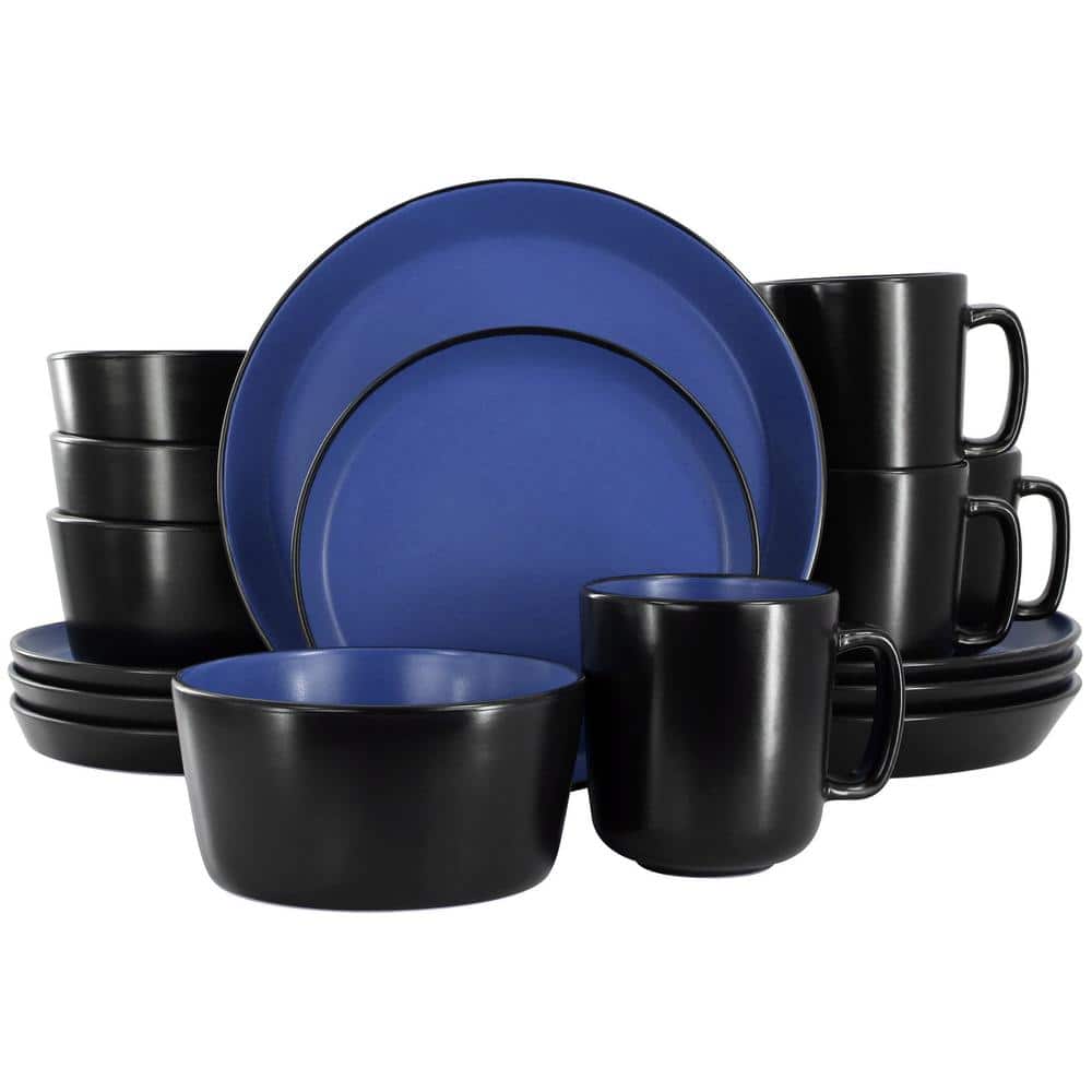 Bacarra 16 Piece Stoneware Dinnerware Set in Two Tone Black and Blue Servic