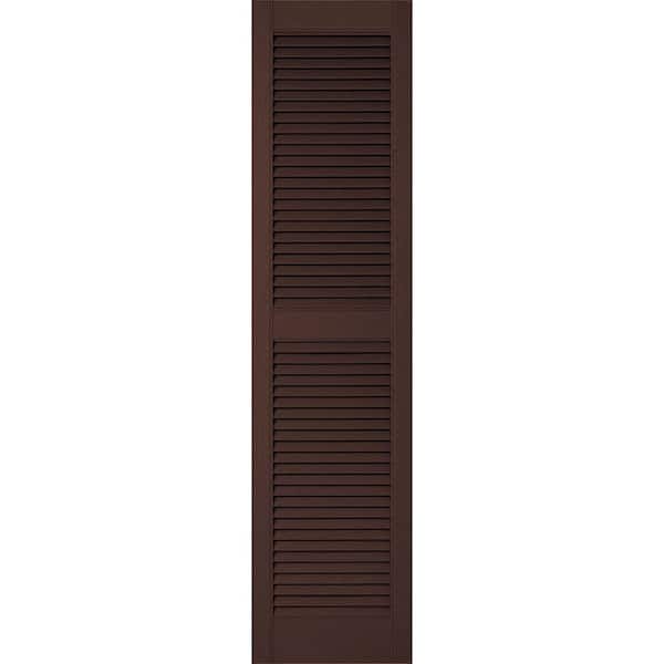 Ekena Millwork 12 in. x 37 in. Lifetime Vinyl Custom Straight Top Center Mullion Open Louvered Shutters Pair Federal Brown
