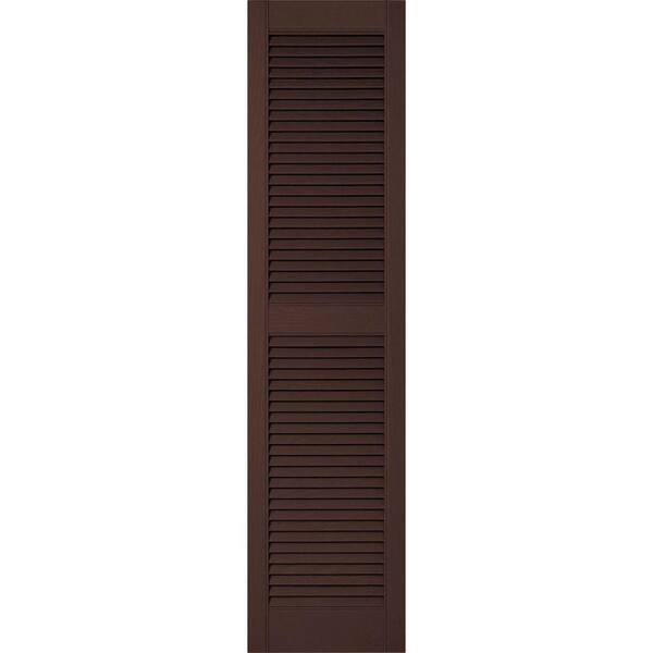 Ekena Millwork 12 in. x 39 in. Lifetime Vinyl Custom Straight Top Center Mullion Open Louvered Shutters Pair Federal Brown