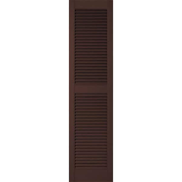 Ekena Millwork 18 in. x 68 in. Lifetime Vinyl Custom Straight Top Center Mullion Open Louvered Shutters Pair Federal Brown