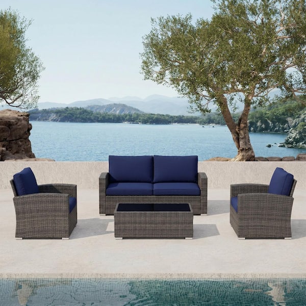 4-Piece Grey Wicker Outdoor Conversation Set with Coffee Table, Navy Blue Cushions