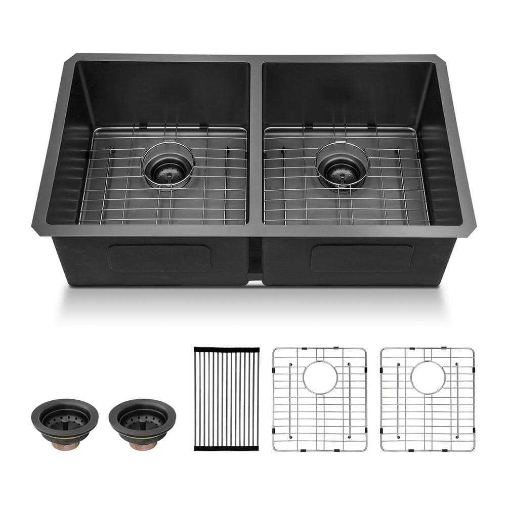 33 in. Undermount Double Bowl 16-Gauge Gunmetal Black Stainless Steel Kitchen Sink with Basket Strainer -  LORDEAR, SC3319-2BTX