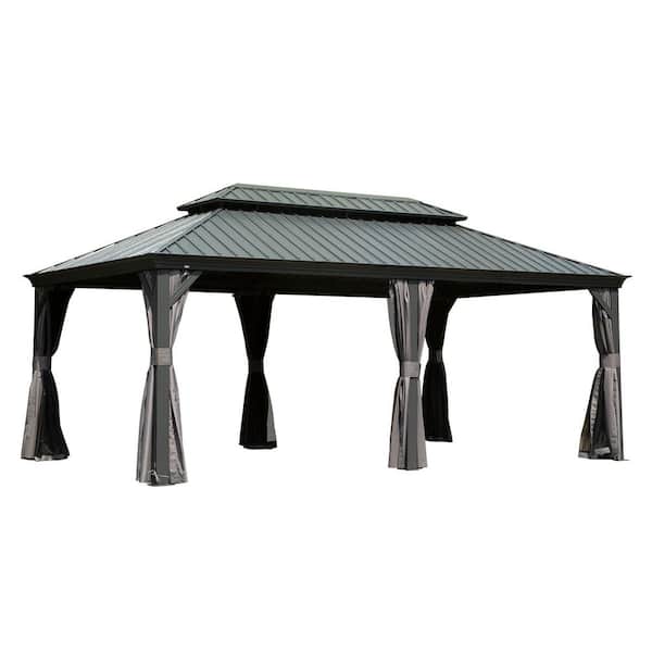 20 ft. W x 12 ft. D Aluminum Hardtop Gazebo with Double Roof Ceiling Hook Curtains and Netting
