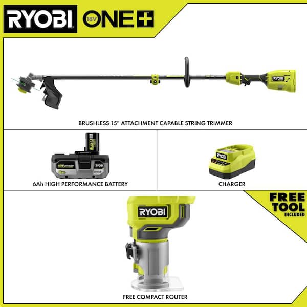 ONE+ HP 18V Brushless 15" Attachment Capable String Trimmer w/ 6.0 Ah Battery, Charger, & FREE ONE+ 18V Compact Router