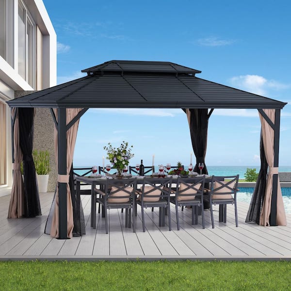 UNISOAR 10 ft. x 13 ft. Dark Gray Aluminum Hardtop Gazebo with Double Roof Canopy, Beige Curtains and Netting