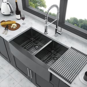 36 in. Farmshouse Double Bowl 16 Gauge Gunmetal Black Stainless Steel Kitchen Sink with Bottom Grids