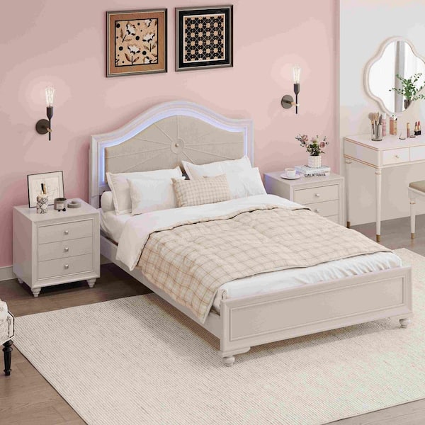 Polibi Gray Wood Frame Queen Platform Bed with Hidden LED Light Upholstered Headboard Plus 2-Nightstands