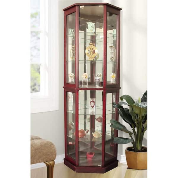 JENLEA INC Floor Standing Cherry 5-Sided Lighted Corner Curio Cabinet