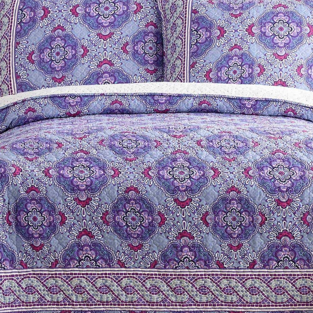 Purple Geometric Cotton Reversible Full/Queen Quilt Set