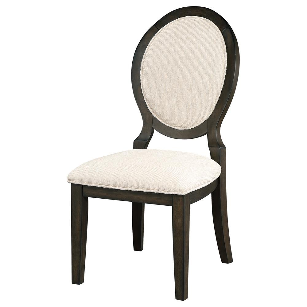 Ivory Linen Upholstered Side Chair with Dark Wood Frame
