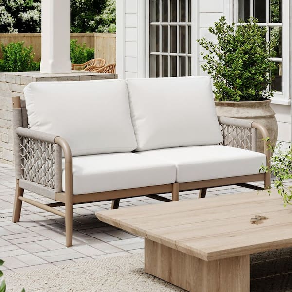 Luciano Gray Oak 1-Piece Solid Acacia Wood Outdoor Farmhouse Upholstered Loveseat with Linen White Cushions