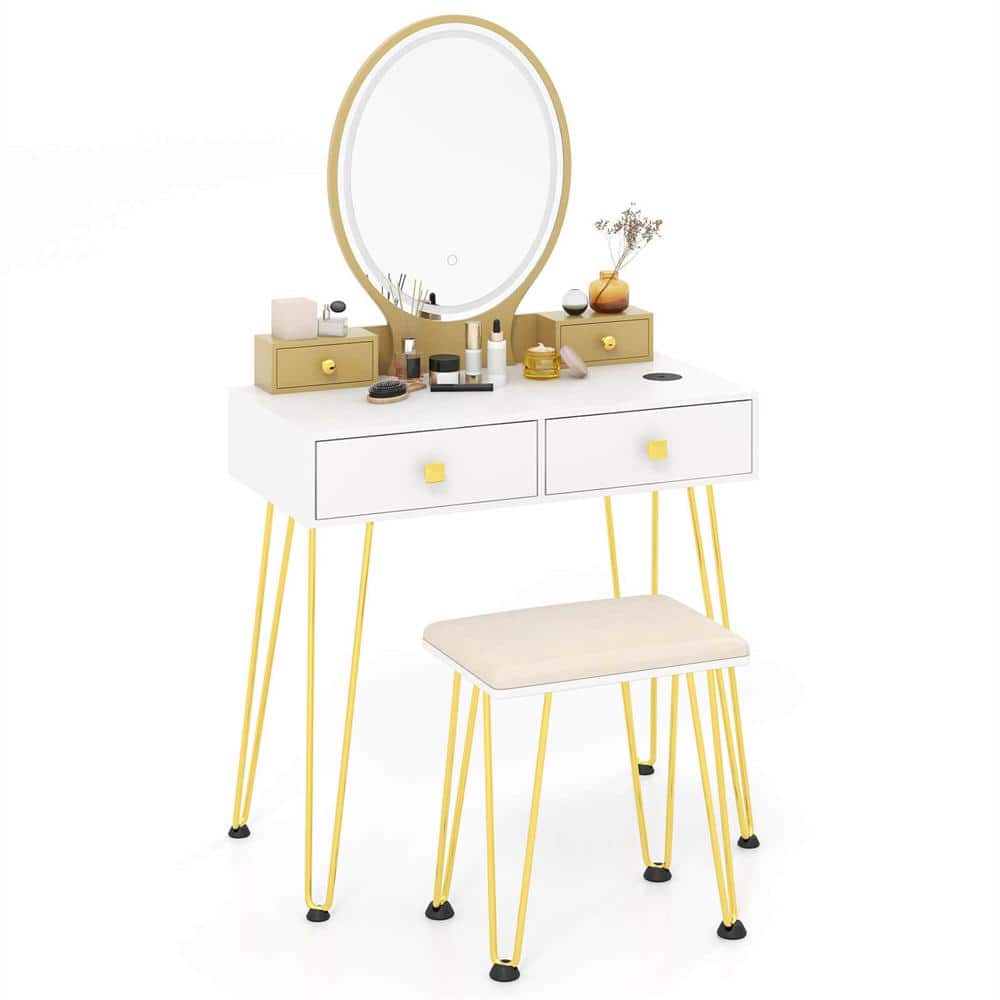 Costway Vanity Table Set with 3-Color Lighted Dimmable Mirror-White