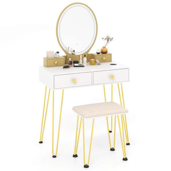 Costway White Industrial Armoire Vanity Makeup Dressing Table Padded Stool Set 3-Color Lighted Mirror 53.5 in. x 31 in. x 16 in.