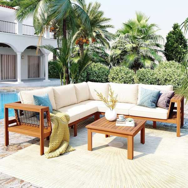 4-Piece Natural Acacia Wood Outdoor Sectional Set with Beige Cushions