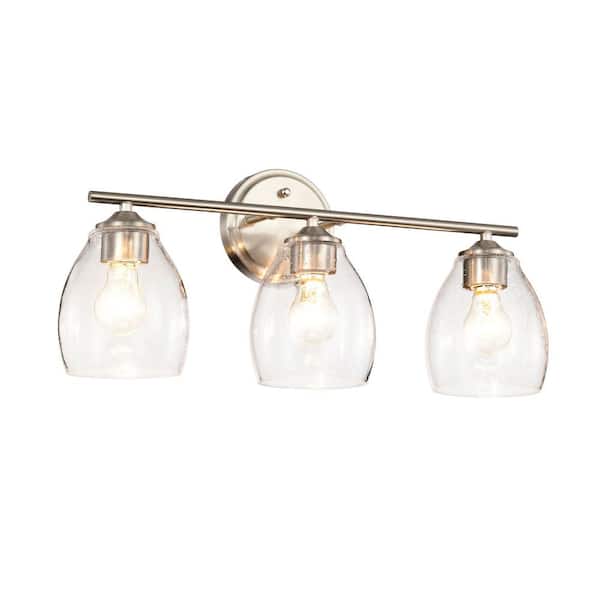22 in. 3-Light Brushed Nickel Vanity Light with Bell-Shaped Seedy Glass Shades