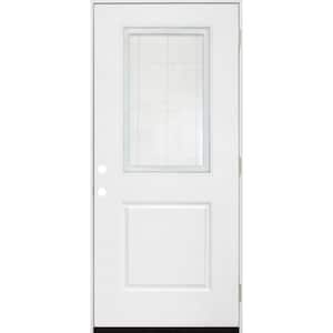 Legacy 32 in. x 80 in. Left-Hand/Outswing Half Lite Clear Glass Mini-Blind White Primed Fiberglass Prehung Front Door