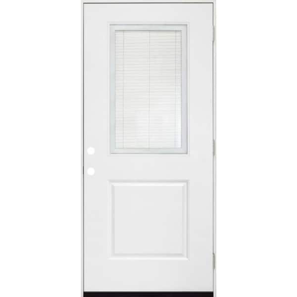 Steves & Sons Legacy 32 in. x 80 in. Left-Hand/Outswing Half Lite Clear Glass Mini-Blind White Primed Fiberglass Prehung Front Door
