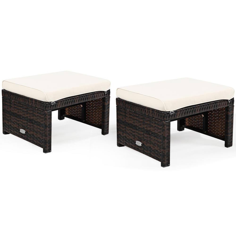 White PE Rattan Outdoor Ottomans with Cushions, Set of 2