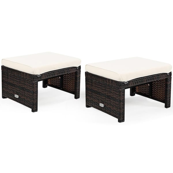 ANGELES HOME Patio Rattan Wicker Outdoor Ottomans with Soft White Cushion for Patio and Garden (2-Pack)