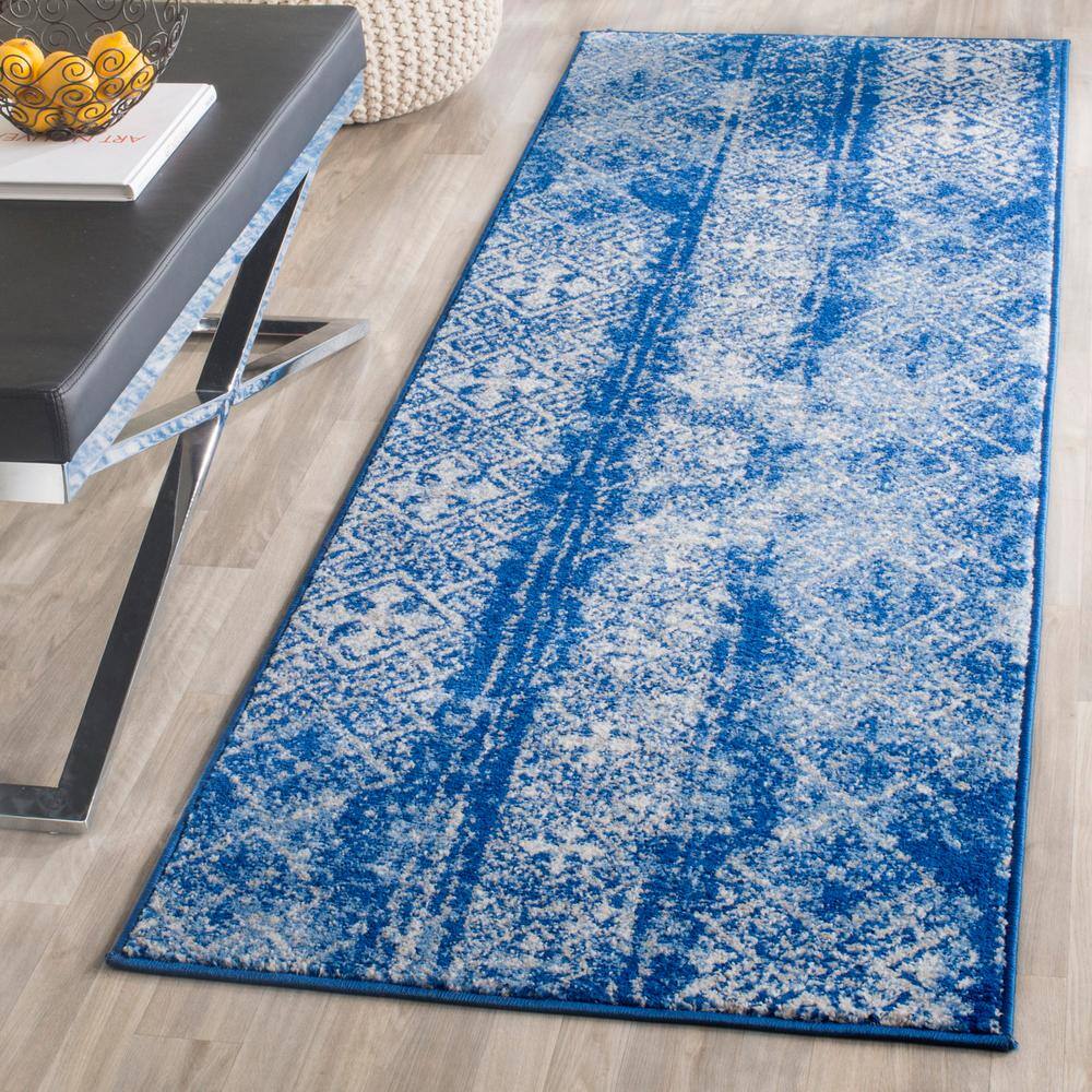 Silver and Blue Synthetic Reversible Runner Rug