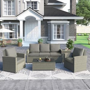 5-Piece Gray Wicker Patio Conversation Set with Gray Cushions and 2 Tables