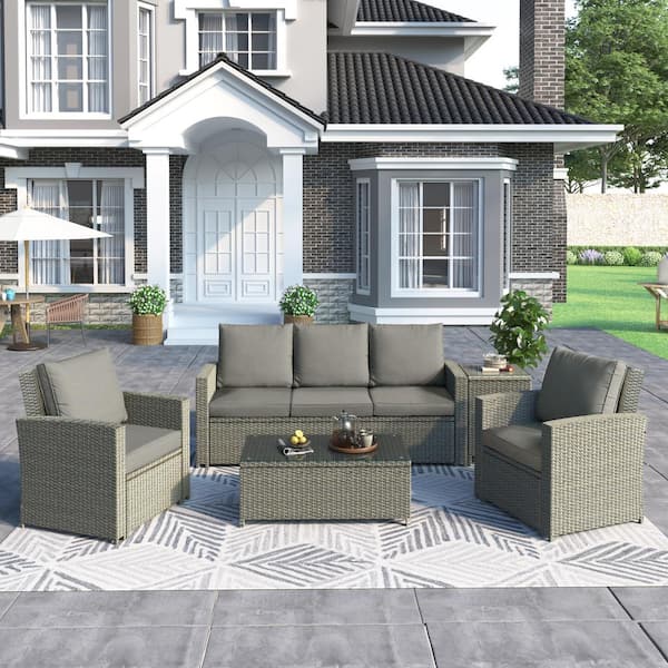 Harper & Bright Designs 5-Piece Gray Wicker Patio Conversation Set with Gray Cushions and 2 Tables
