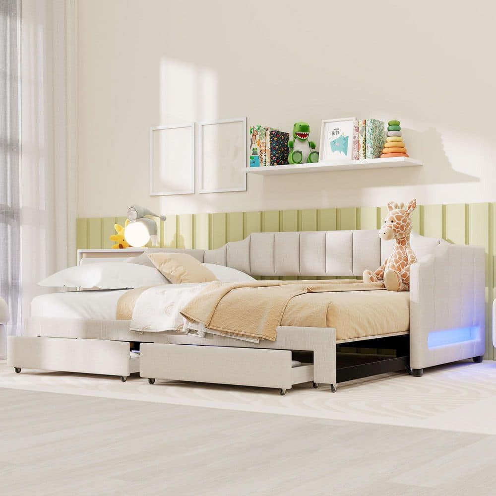 Beige Wood Frame Twin XL Size Daybed with Two Storage Drawers and LED Light