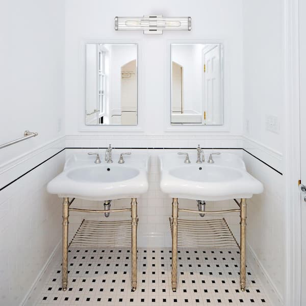 Allison 18 in. 2-Light Polished Nickel Industrial Vanity Light with Clear Ribbed Glass Shades